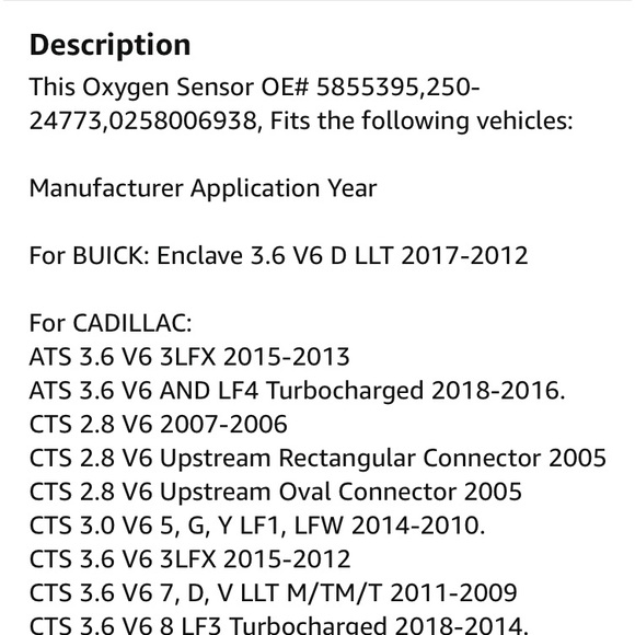 O2 Sensor Buick Cadillac Chevy GMC  OE# 5855395,250-24773,0258006938, 2005-2018 - Picture 7 of 10